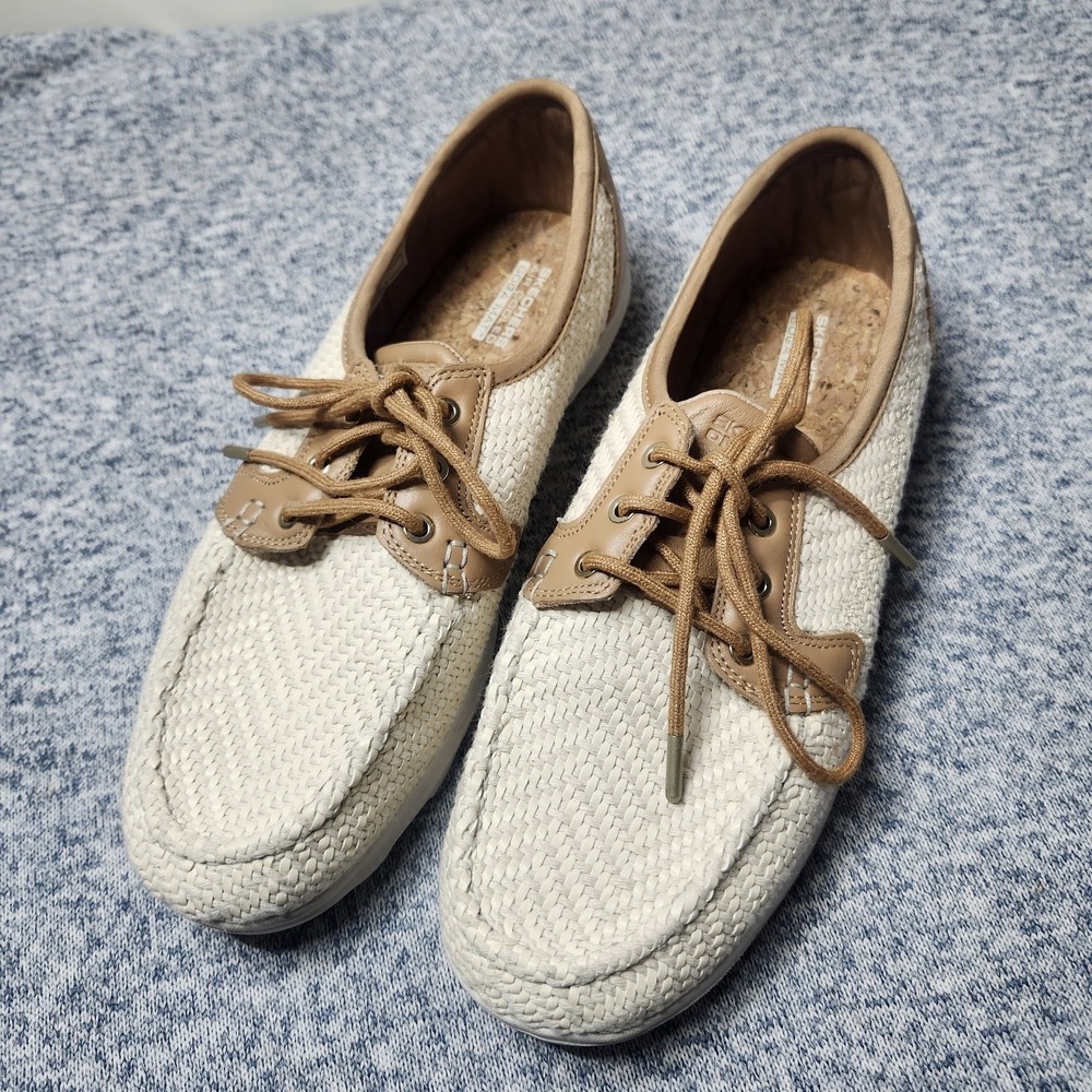 Skechers On The Go Boat‎ Shoes Womens 10 Tan Woven Comfort Pillar Lace Up